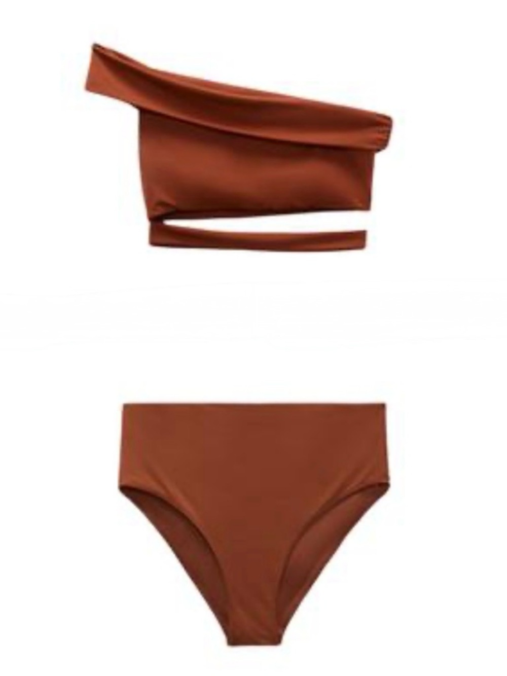 Zara Brown One-Shoulder Cut-Out Bikini Top & High Waist Bottoms XL NWT! $60